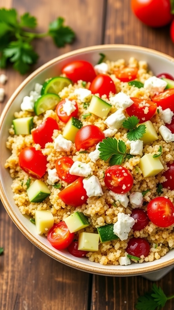 A colorful quinoa salad with feta, tomatoes, cucumbers, and parsley in a bowl on a wooden table.